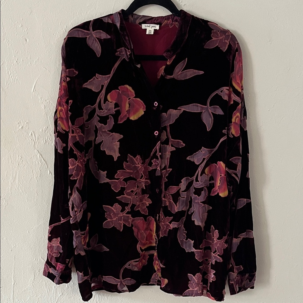Velvet Long Sleeve Floral Shirt Button Up Top